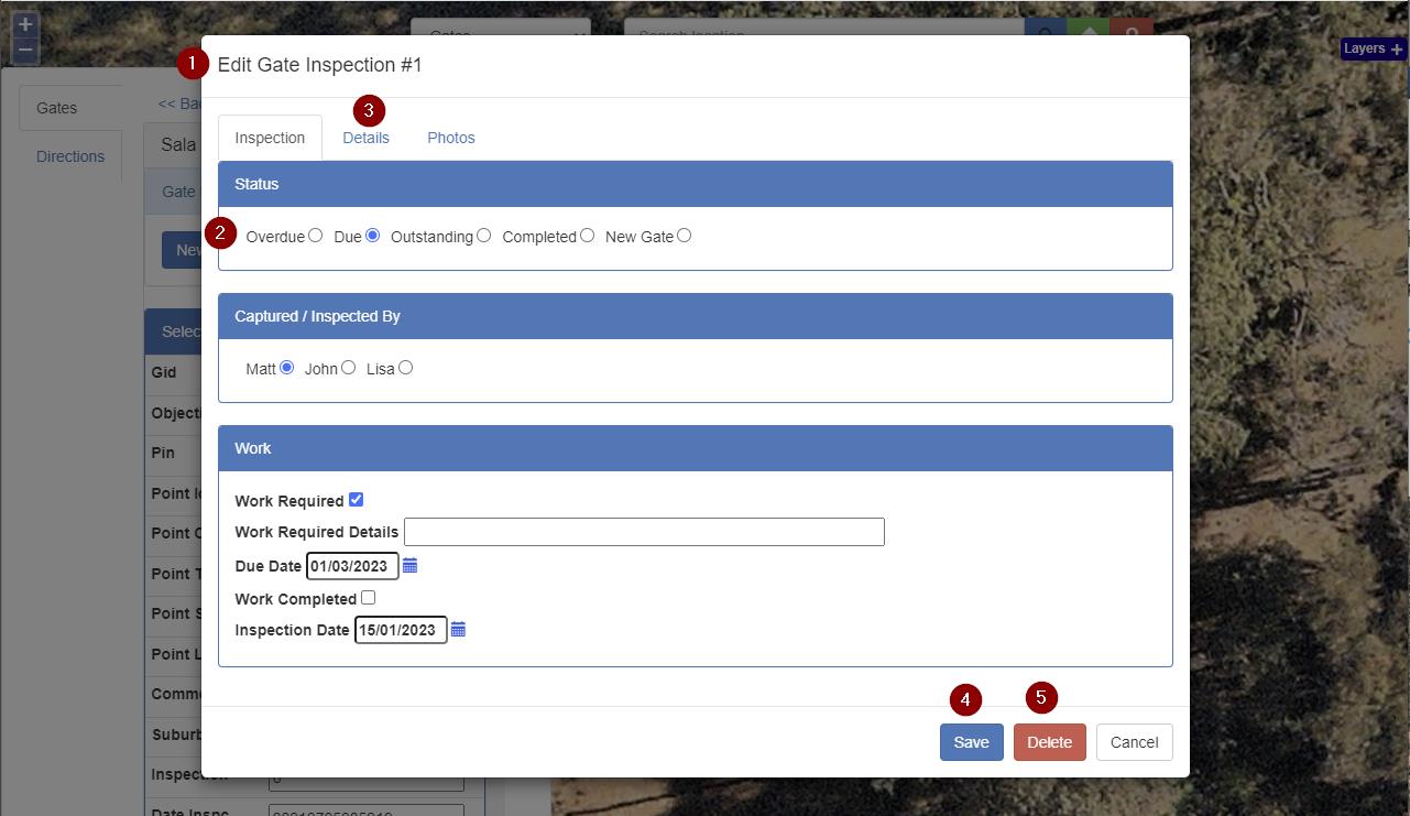 IHTMaps gate inspection form with status, inspector and work details over a map
