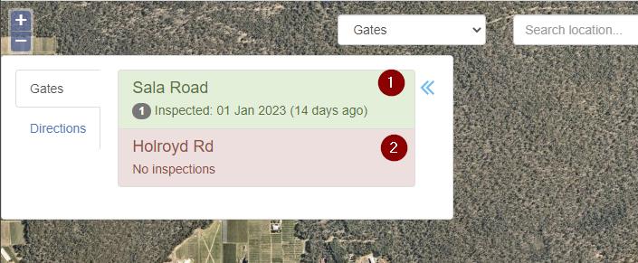 IHTMaps inspection list showing an inspected location and one with no inspections
